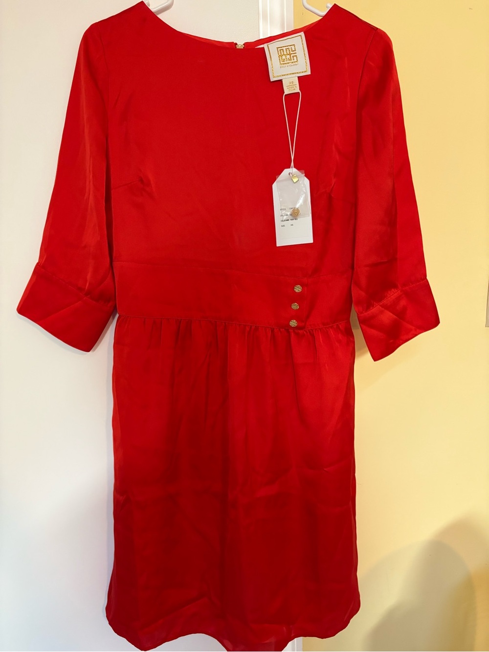 Emily McCarthy Red Women's Boatneck Midi Dress with Button Detail